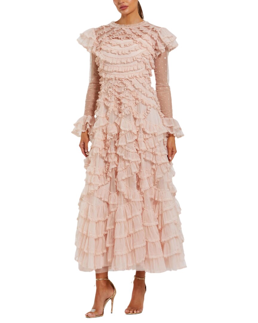 Mac Duggal Dot Net Double Ruffle Trim High Neck Maxi Dress